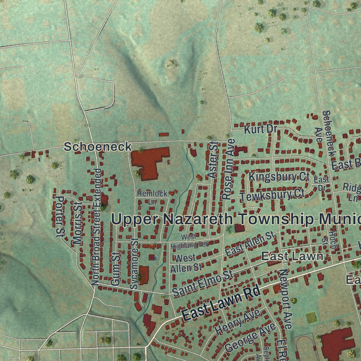 Close-up of the map of Upper Nazareth, Pennsylvania print showing street and building detail