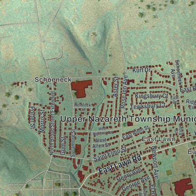 Close-up of the map of Upper Nazareth, Pennsylvania print showing street and building detail