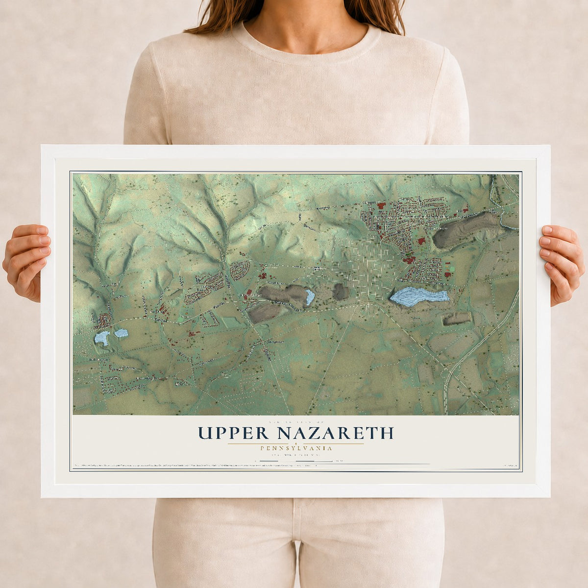 Map of Upper Nazareth, Pennsylvania, 12 x 18 inch print in a white wood frame