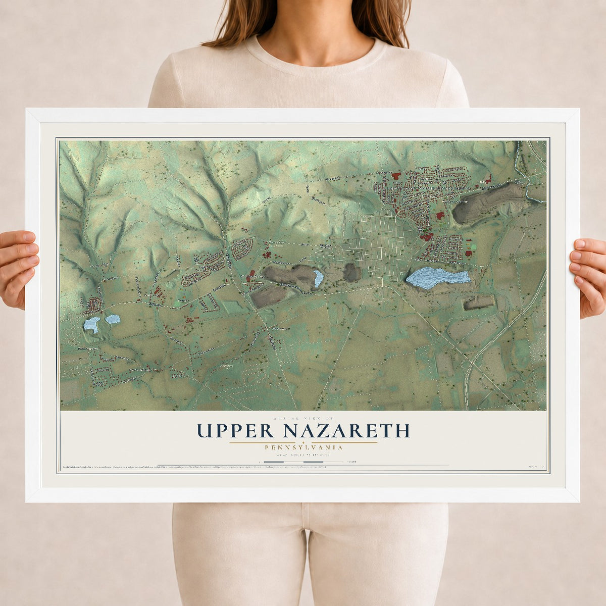 Map of Upper Nazareth, Pennsylvania, 18 x 24 inch print in a white wood frame