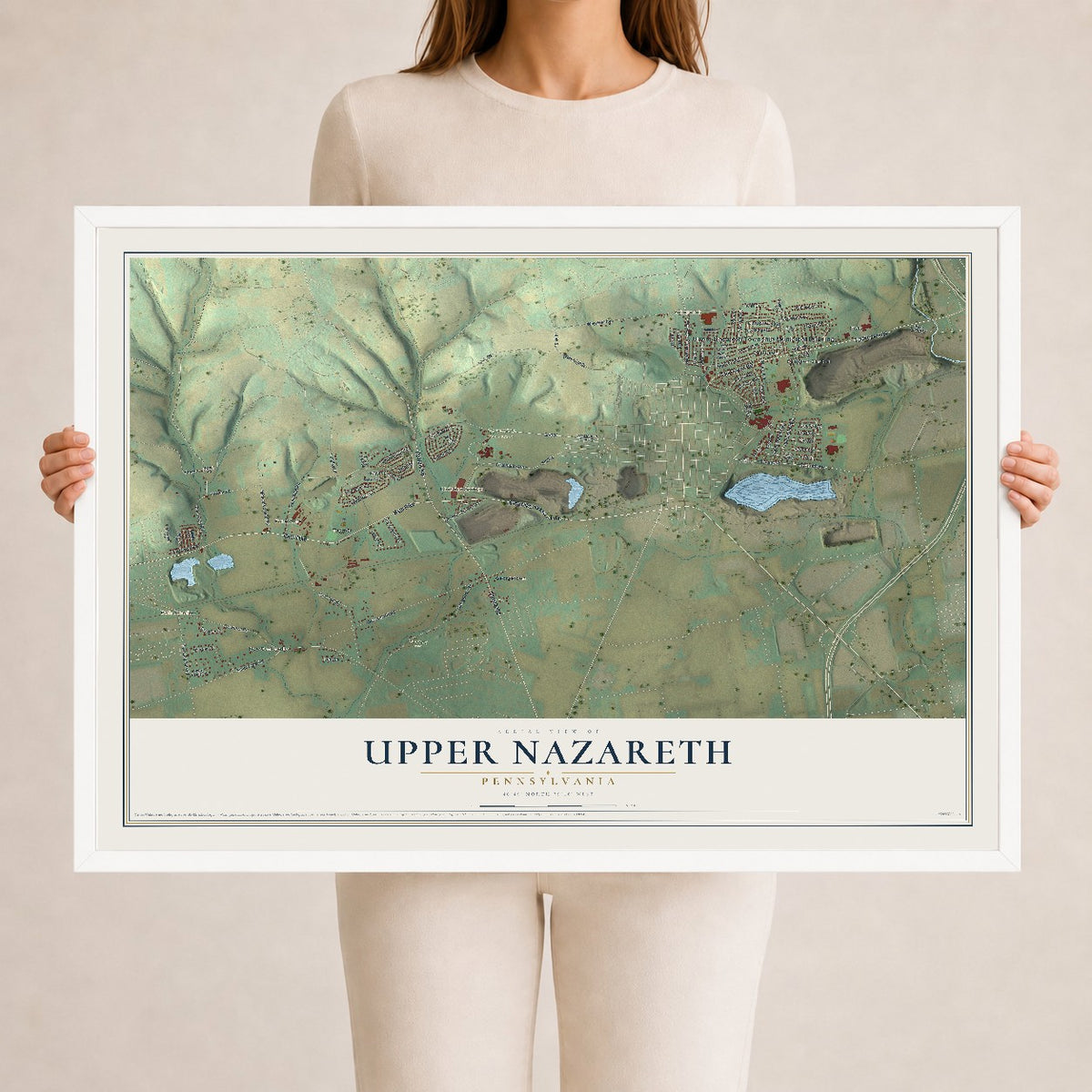 Map of Upper Nazareth, Pennsylvania, 24 x 36 inch print in a white wood frame