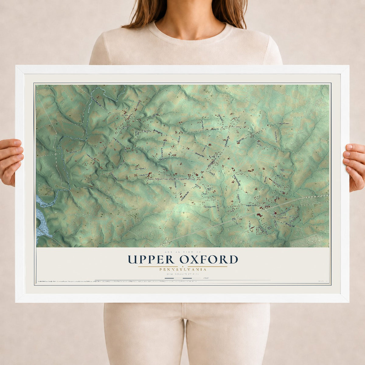 Map of Upper Oxford, Pennsylvania, 18 x 24 inch print in a white wood frame