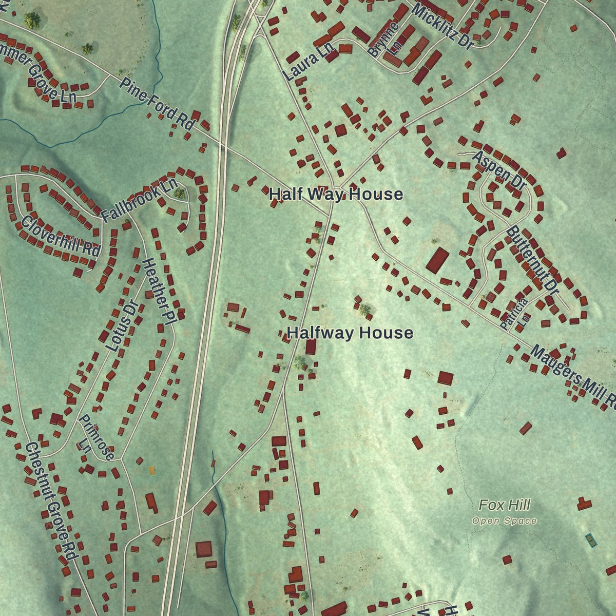Close-up of the map of Upper Pottsgrove, Pennsylvania print showing street and building detail