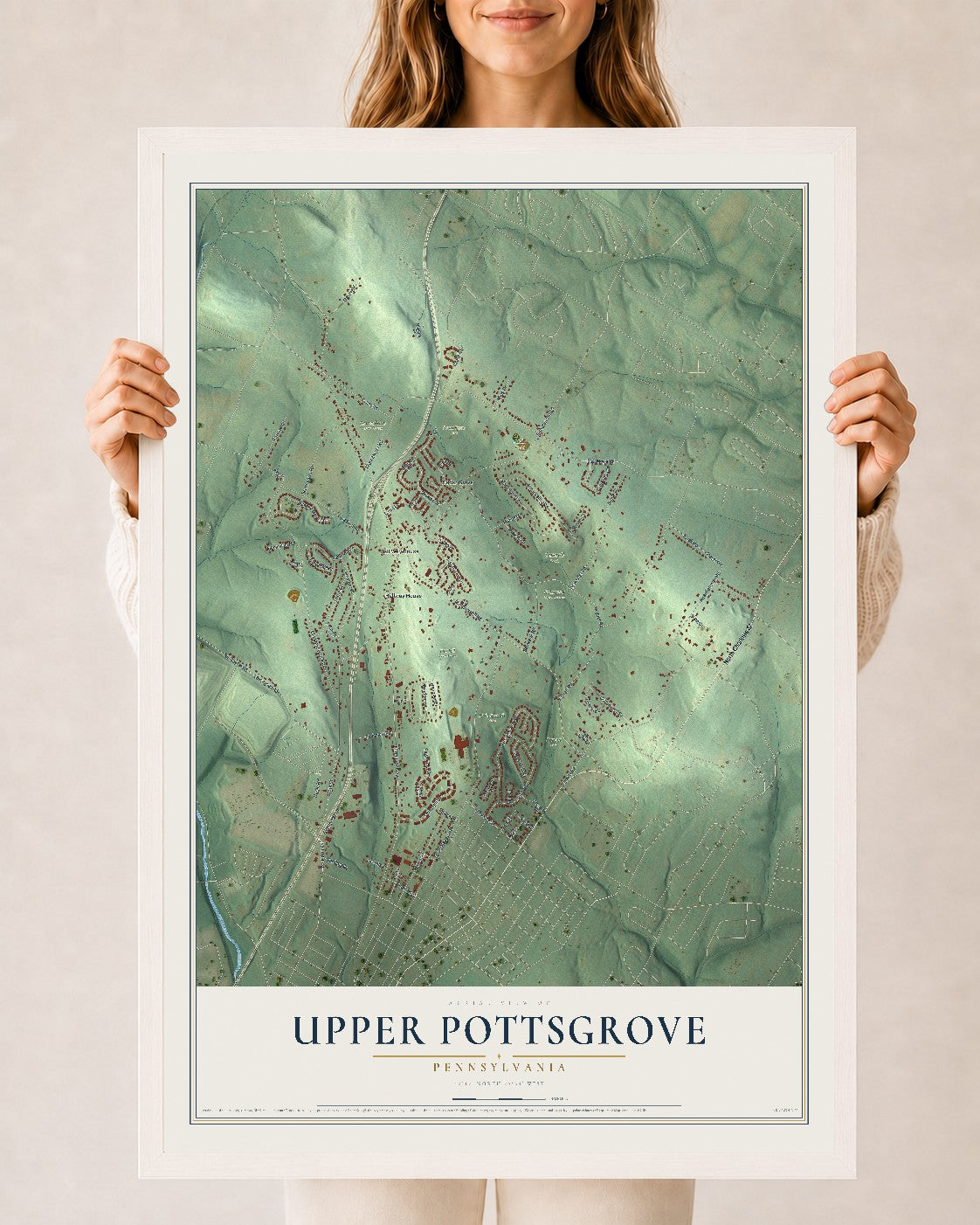 Map of Upper Pottsgrove, Pennsylvania, 24 x 36 inch print in a white wood frame