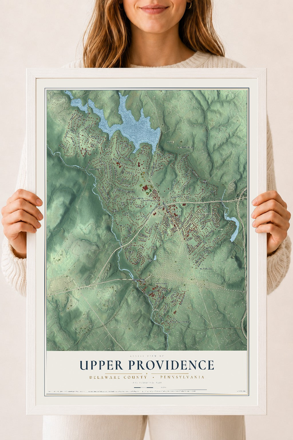 Map of Upper Providence, Delaware County, Pennsylvania, 18 x 24 inch print in a white wood frame