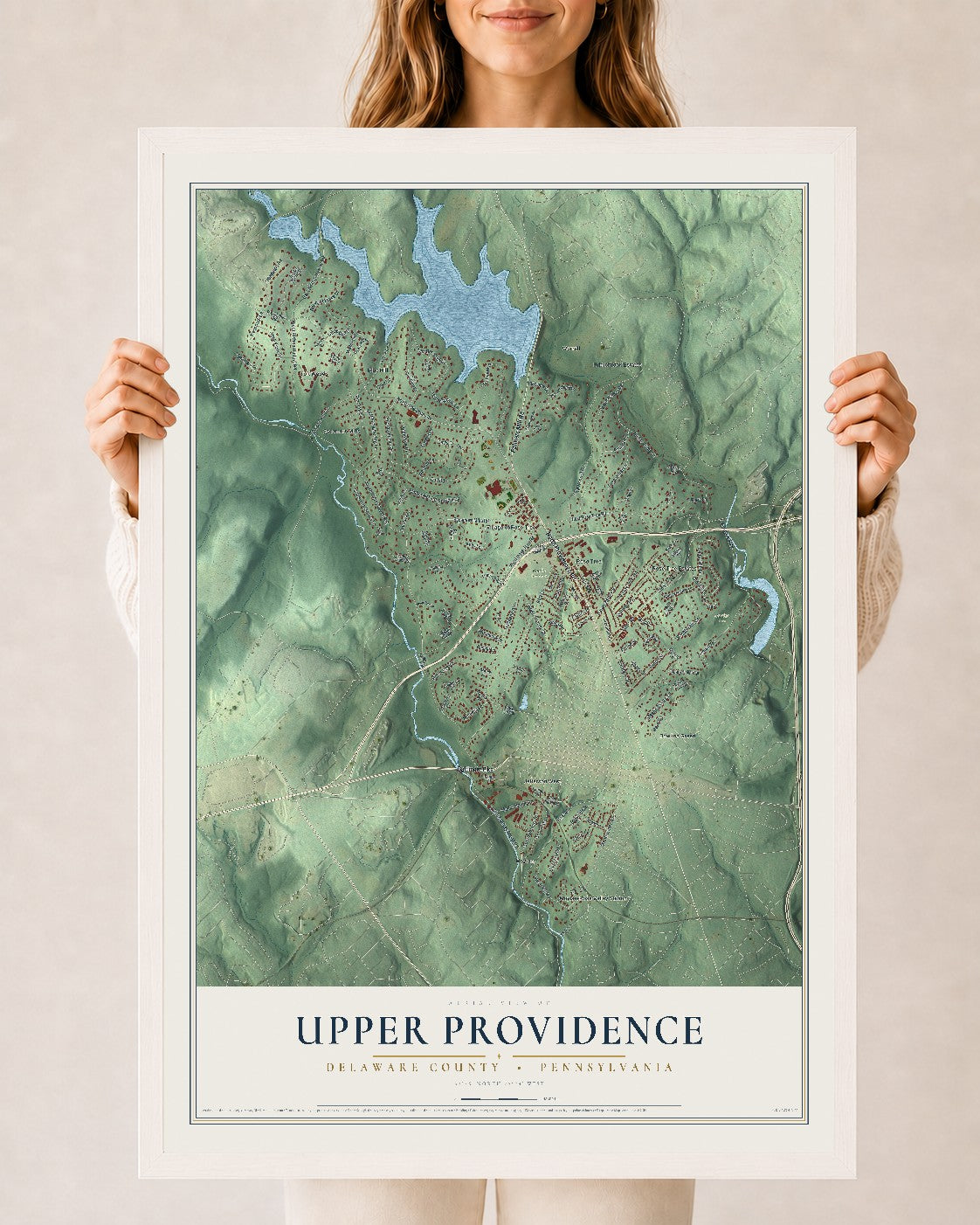 Map of Upper Providence, Delaware County, Pennsylvania, 24 x 36 inch print in a white wood frame