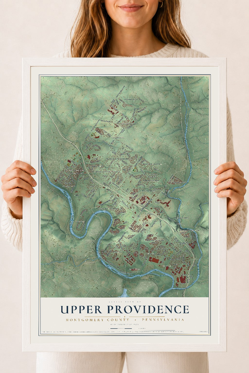 Map of Upper Providence, Montgomery County, Pennsylvania, 18 x 24 inch print in a white wood frame