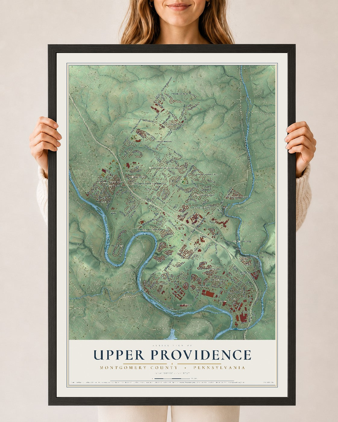 Map of Upper Providence, Montgomery County, Pennsylvania, 24 x 36 inch print in a black wood frame