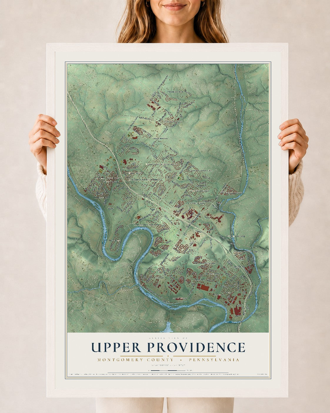 Map of Upper Providence, Montgomery County, Pennsylvania, 24 x 36 inch print in a white wood frame