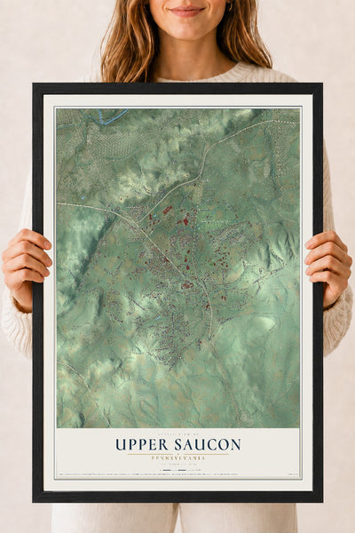 Map of Upper Saucon, Pennsylvania, 18 x 24 inch print in a black wood frame