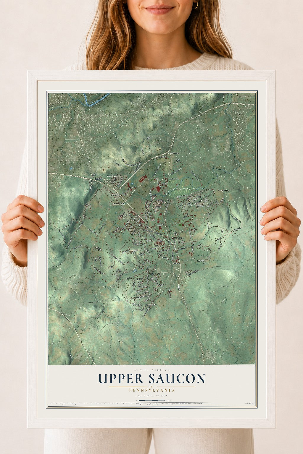 Map of Upper Saucon, Pennsylvania, 18 x 24 inch print in a white wood frame