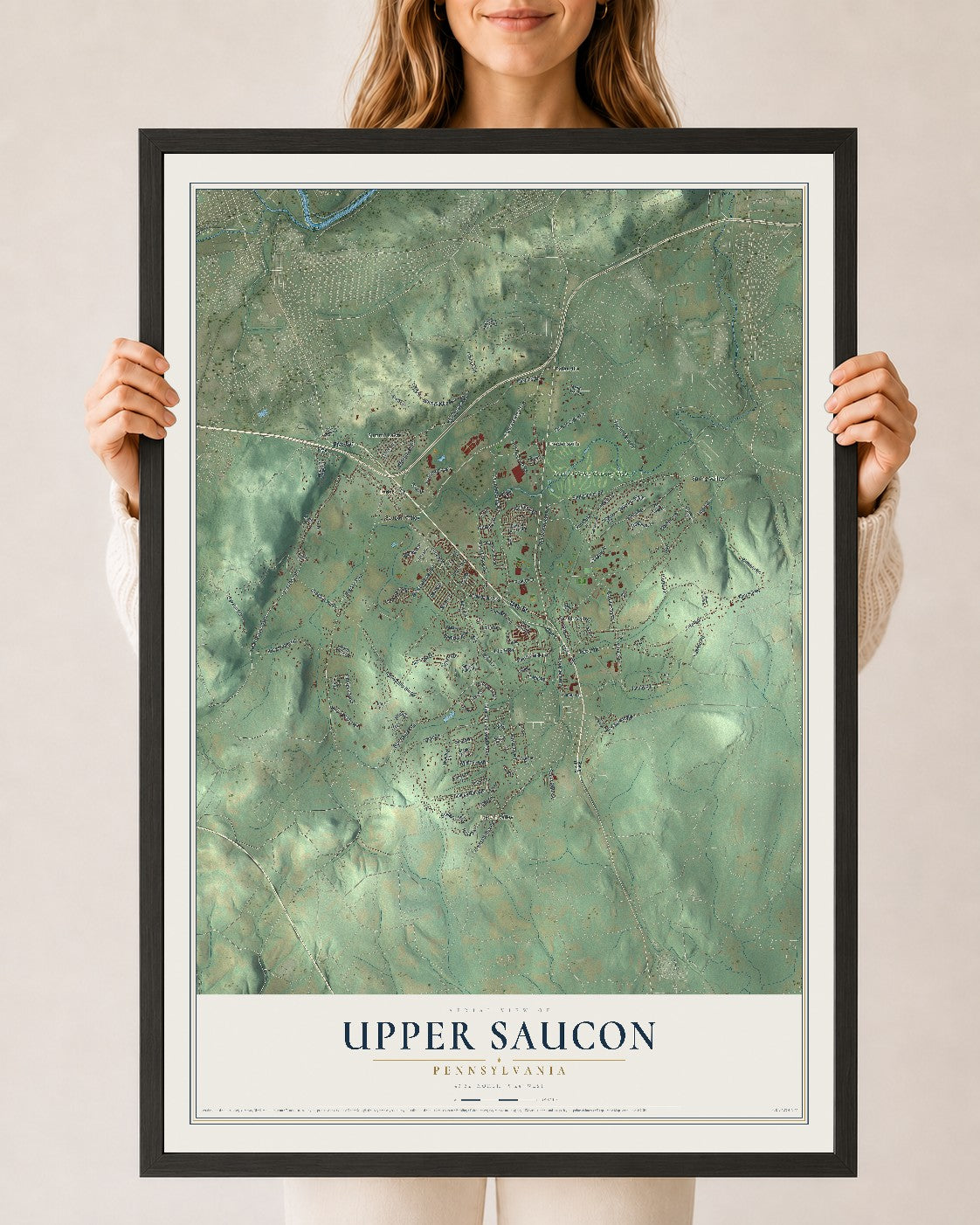 Map of Upper Saucon, Pennsylvania, 24 x 36 inch print in a black wood frame