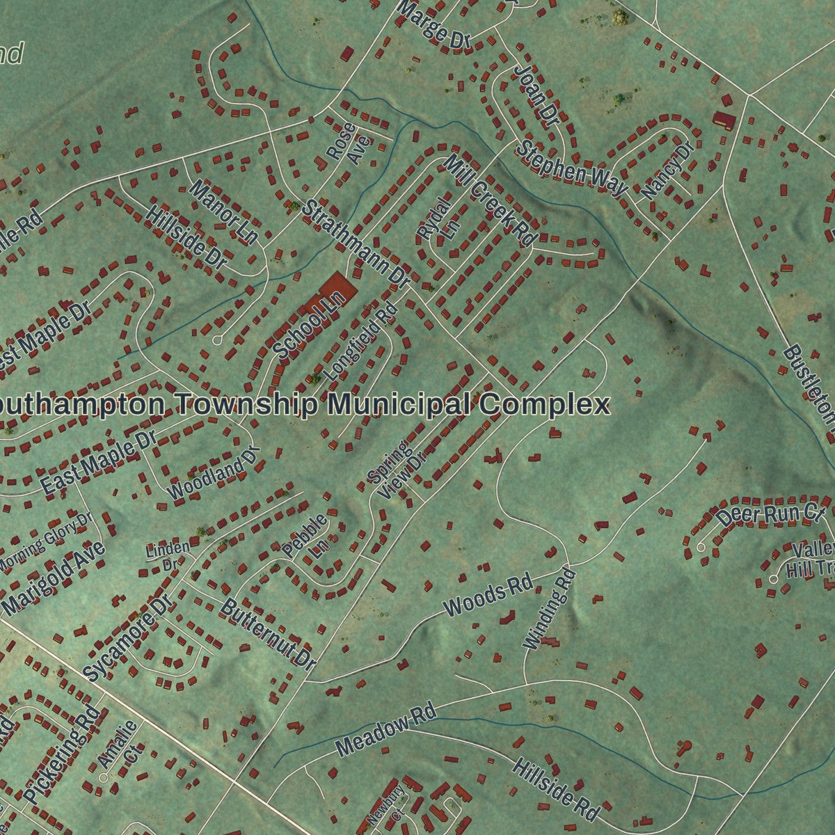 Second close-up of the map of Upper Southampton, Pennsylvania print showing more streets and buildings