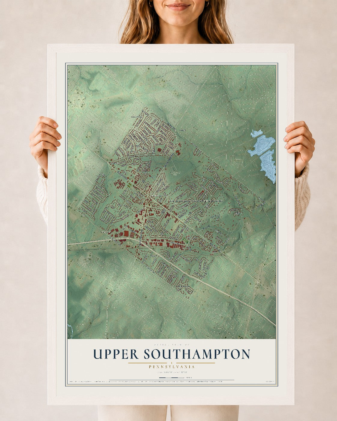 Map of Upper Southampton, Pennsylvania, 24 x 36 inch print in a white wood frame