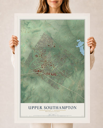 Map of Upper Southampton, Pennsylvania, 24 x 36 inch print in a white wood frame