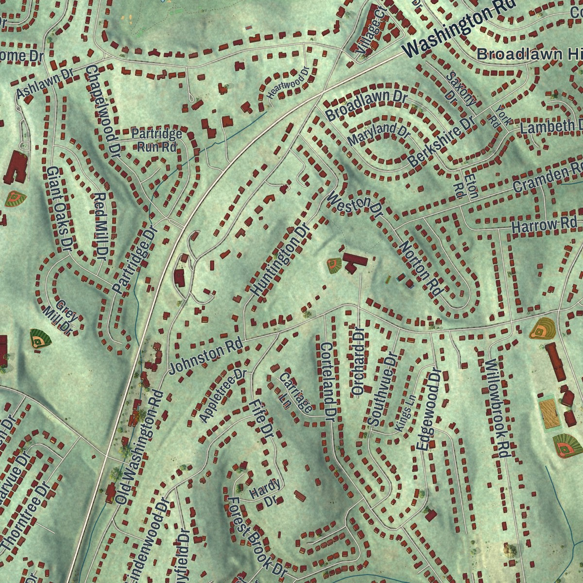 Close-up of the map of Upper St. Clair, Pennsylvania print showing street and building detail