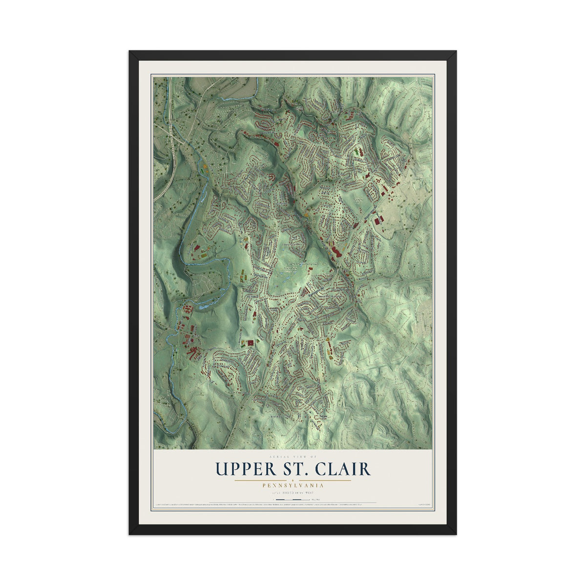 Map of Upper St. Clair, Pennsylvania, 12 x 18 inch print in a black wood frame