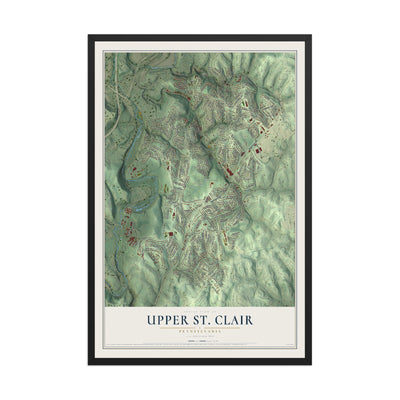 Map of Upper St. Clair, Pennsylvania, 12 x 18 inch print in a black wood frame