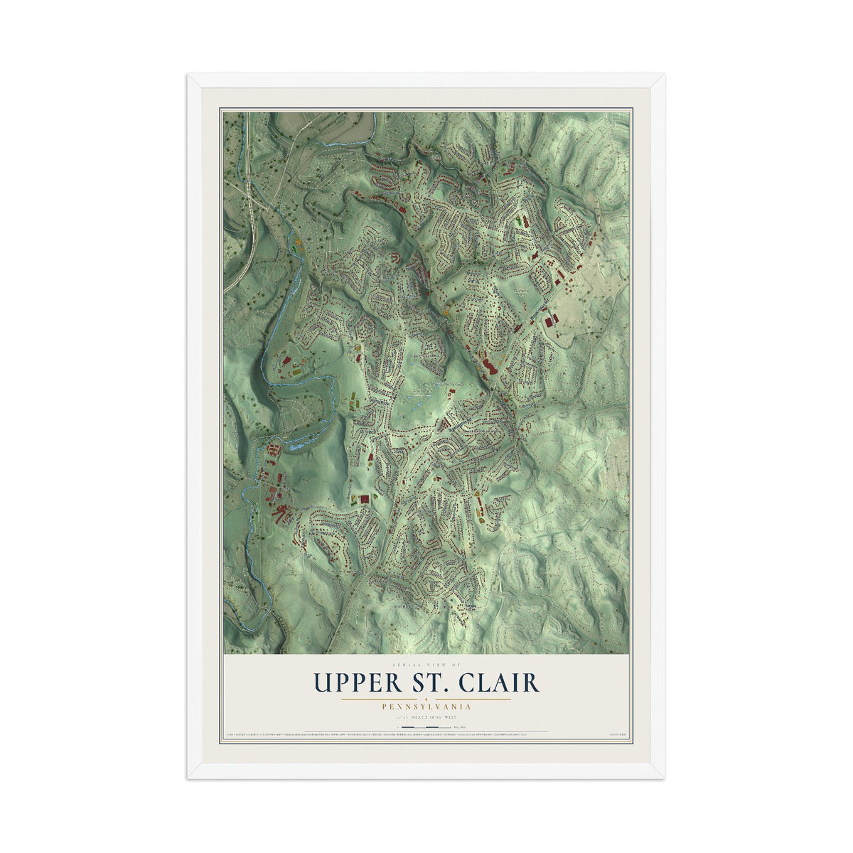 Map of Upper St. Clair, Pennsylvania, 12 x 18 inch print in a white wood frame