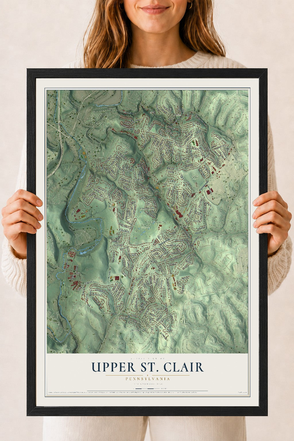 Map of Upper St. Clair, Pennsylvania, 18 x 24 inch print in a black wood frame