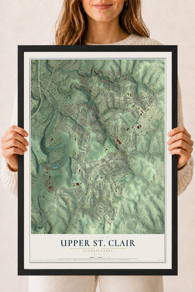 Map of Upper St. Clair, Pennsylvania, 18 x 24 inch print in a black wood frame