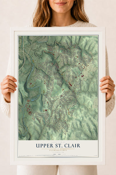 Map of Upper St. Clair, Pennsylvania, 18 x 24 inch print in a white wood frame