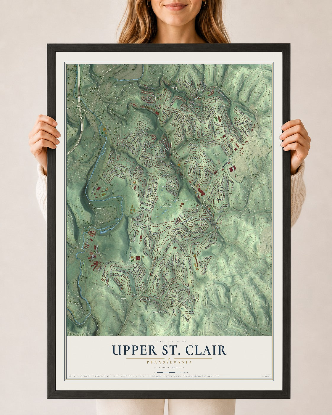 Map of Upper St. Clair, Pennsylvania, 24 x 36 inch print in a black wood frame