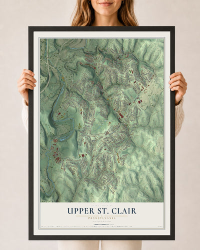 Map of Upper St. Clair, Pennsylvania, 24 x 36 inch print in a black wood frame