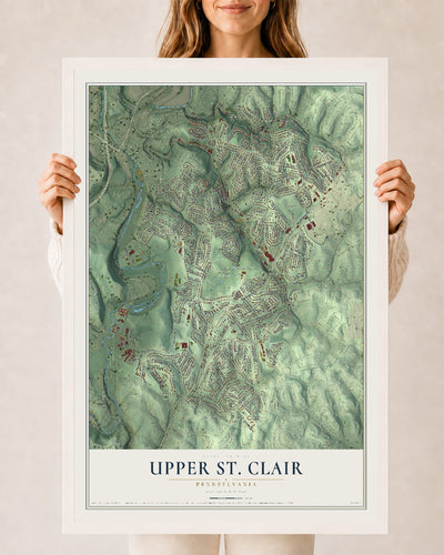 Map of Upper St. Clair, Pennsylvania, 24 x 36 inch print in a white wood frame
