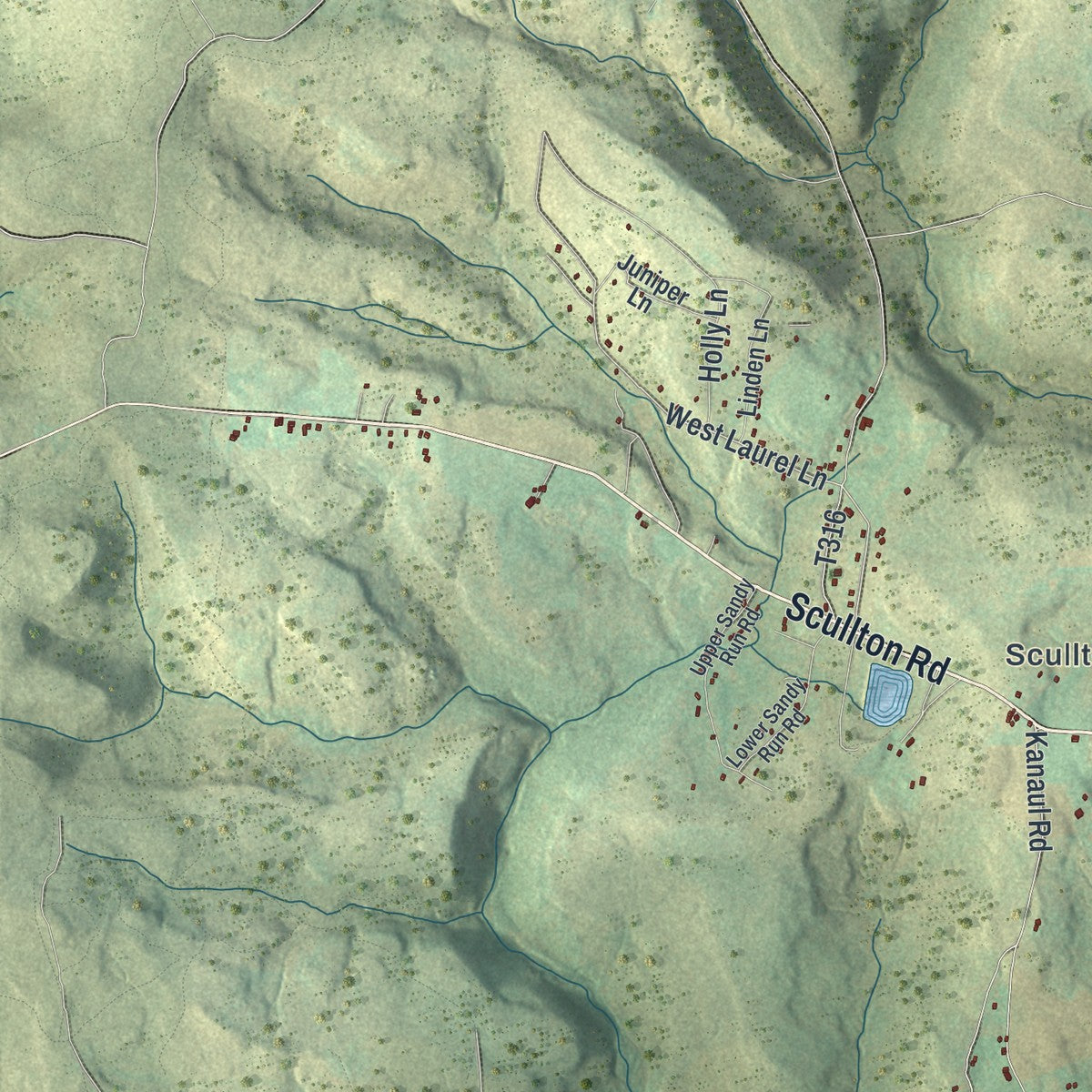 Close-up of the map of Upper Turkeyfoot, Pennsylvania print showing street and building detail