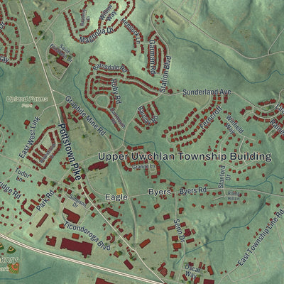 Close-up of the map of Upper Uwchlan, Pennsylvania print showing street and building detail