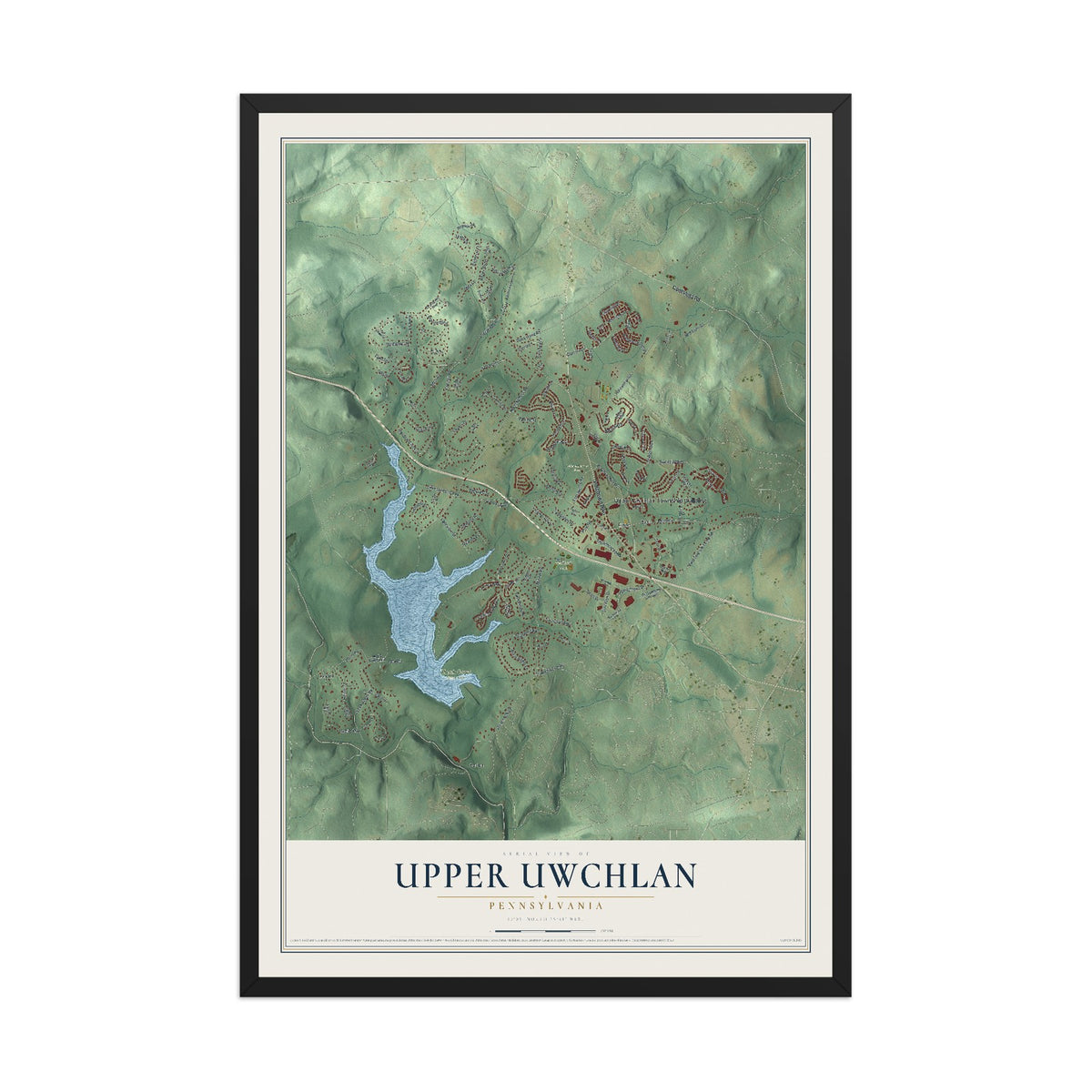 Map of Upper Uwchlan, Pennsylvania, 12 x 18 inch print in a black wood frame