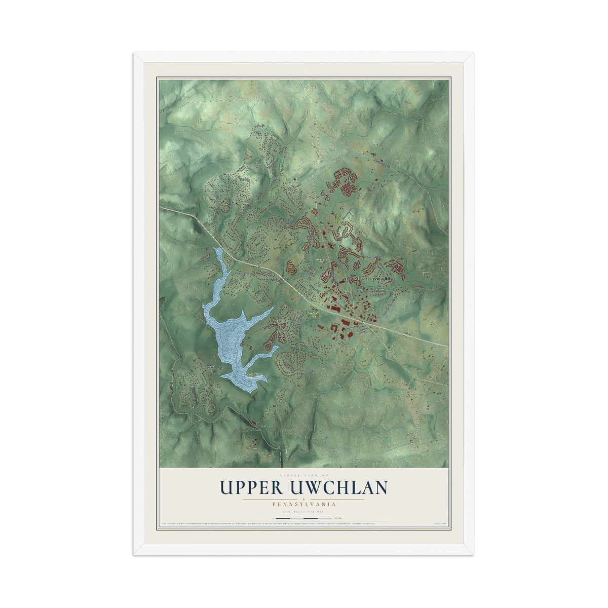 Map of Upper Uwchlan, Pennsylvania, 12 x 18 inch print in a white wood frame