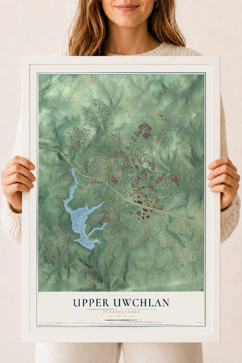 Map of Upper Uwchlan, Pennsylvania, 18 x 24 inch print in a white wood frame
