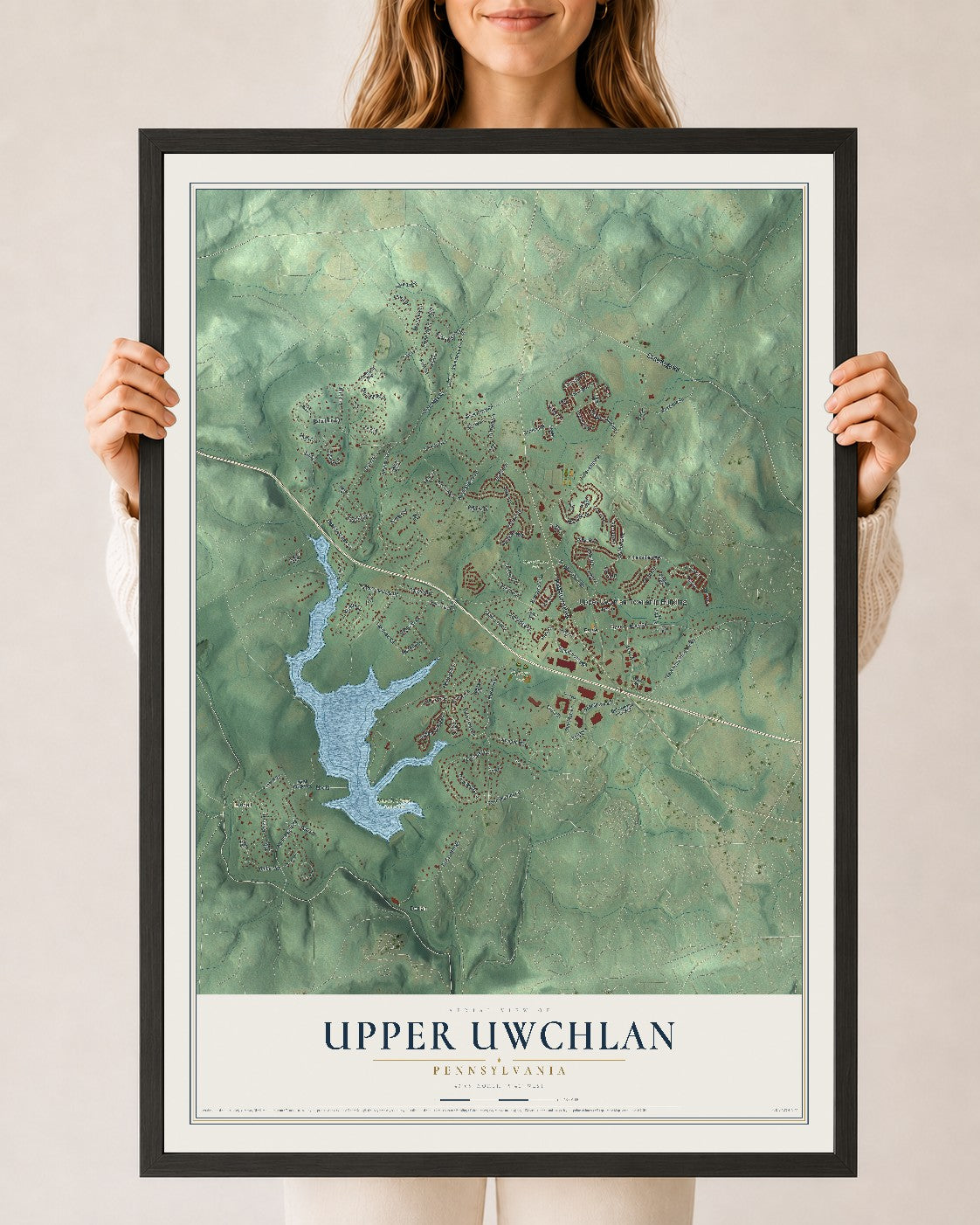 Map of Upper Uwchlan, Pennsylvania, 24 x 36 inch print in a black wood frame
