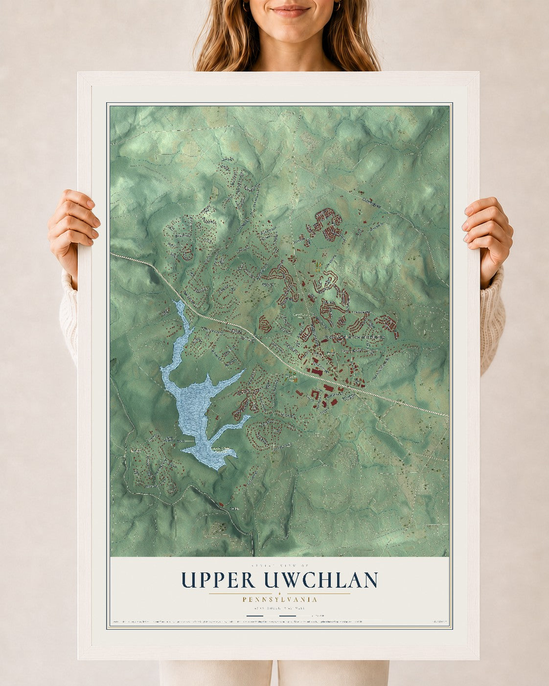 Map of Upper Uwchlan, Pennsylvania, 24 x 36 inch print in a white wood frame