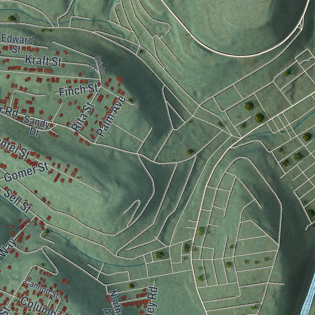 Close-up of the map of Upper Yoder, Pennsylvania print showing street and building detail