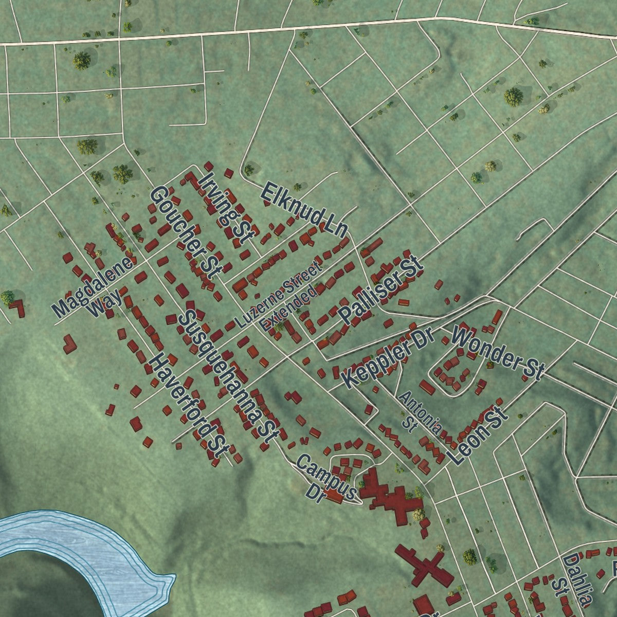 Second close-up of the map of Upper Yoder, Pennsylvania print showing more streets and buildings