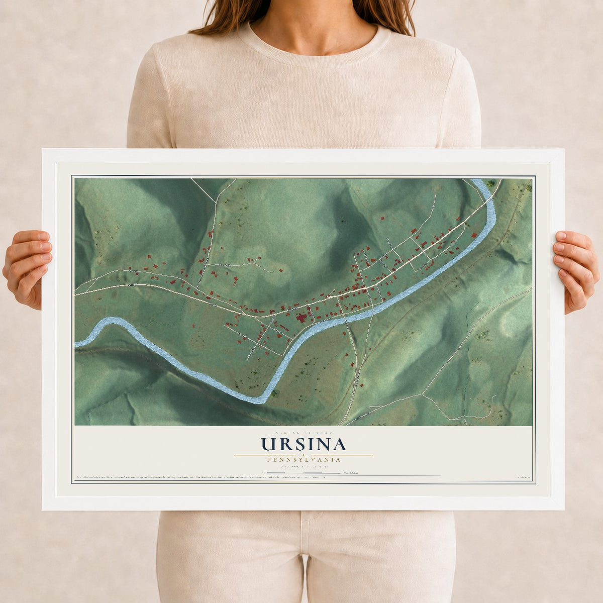Map of Ursina, Pennsylvania, 12 x 18 inch print in a white wood frame