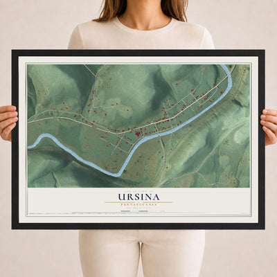 Map of Ursina, Pennsylvania, 18 x 24 inch print in a black wood frame