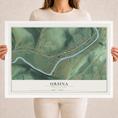 Map of Ursina, Pennsylvania, 18 x 24 inch print in a white wood frame