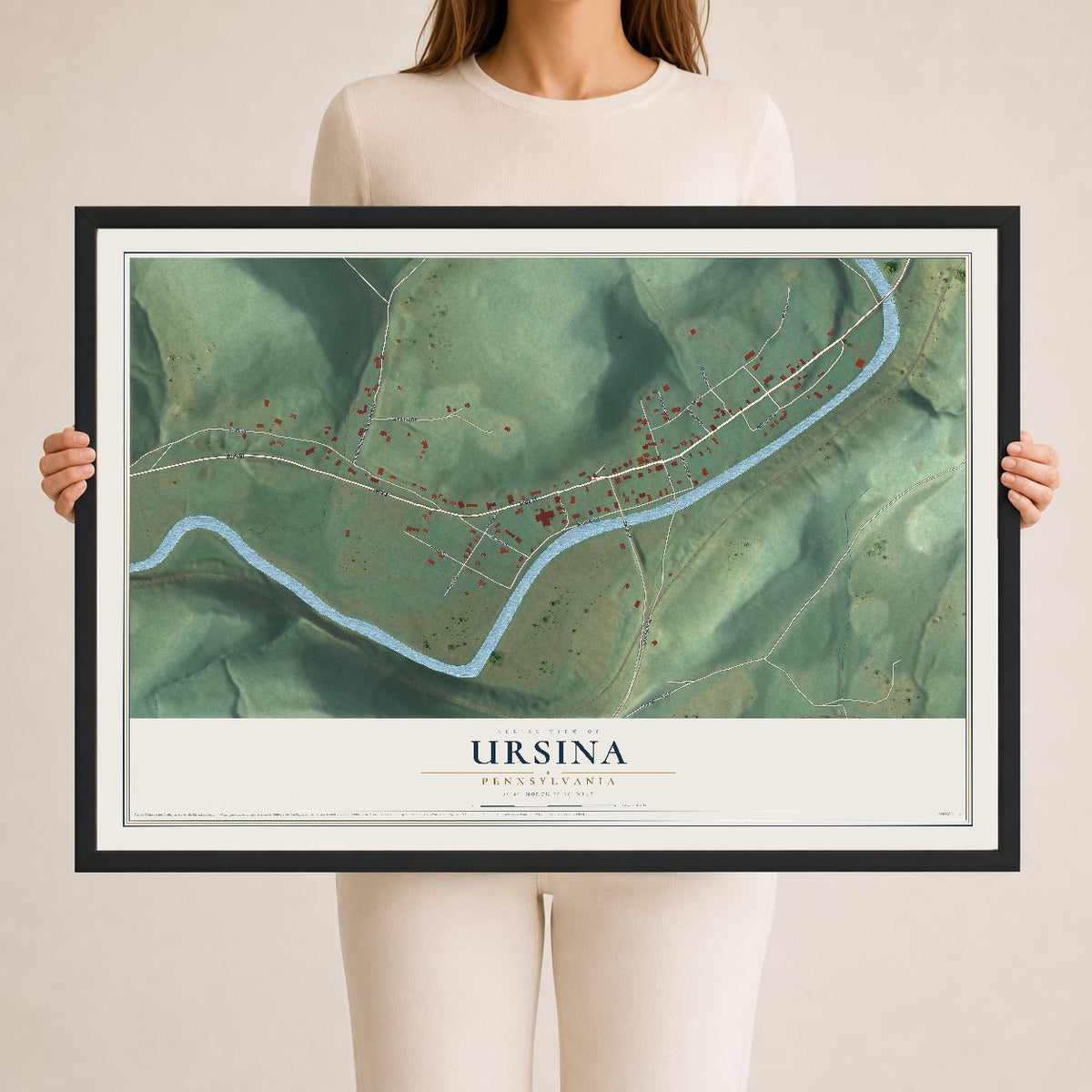 Map of Ursina, Pennsylvania, 24 x 36 inch print in a black wood frame