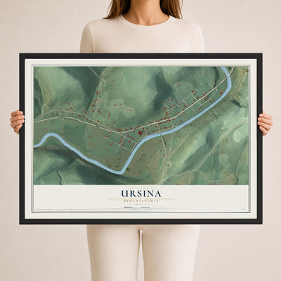 Map of Ursina, Pennsylvania, 24 x 36 inch print in a black wood frame