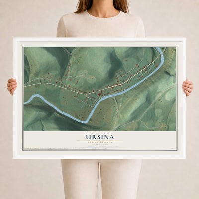 Map of Ursina, Pennsylvania, 24 x 36 inch print in a white wood frame