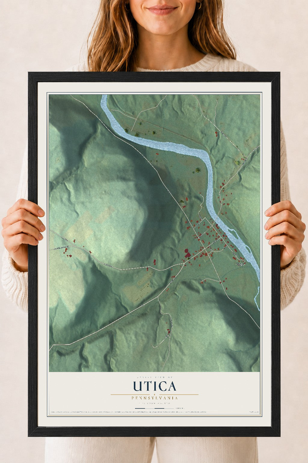 Map of Utica, Pennsylvania, 18 x 24 inch print in a black wood frame