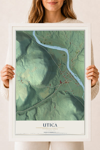 Map of Utica, Pennsylvania, 18 x 24 inch print in a white wood frame