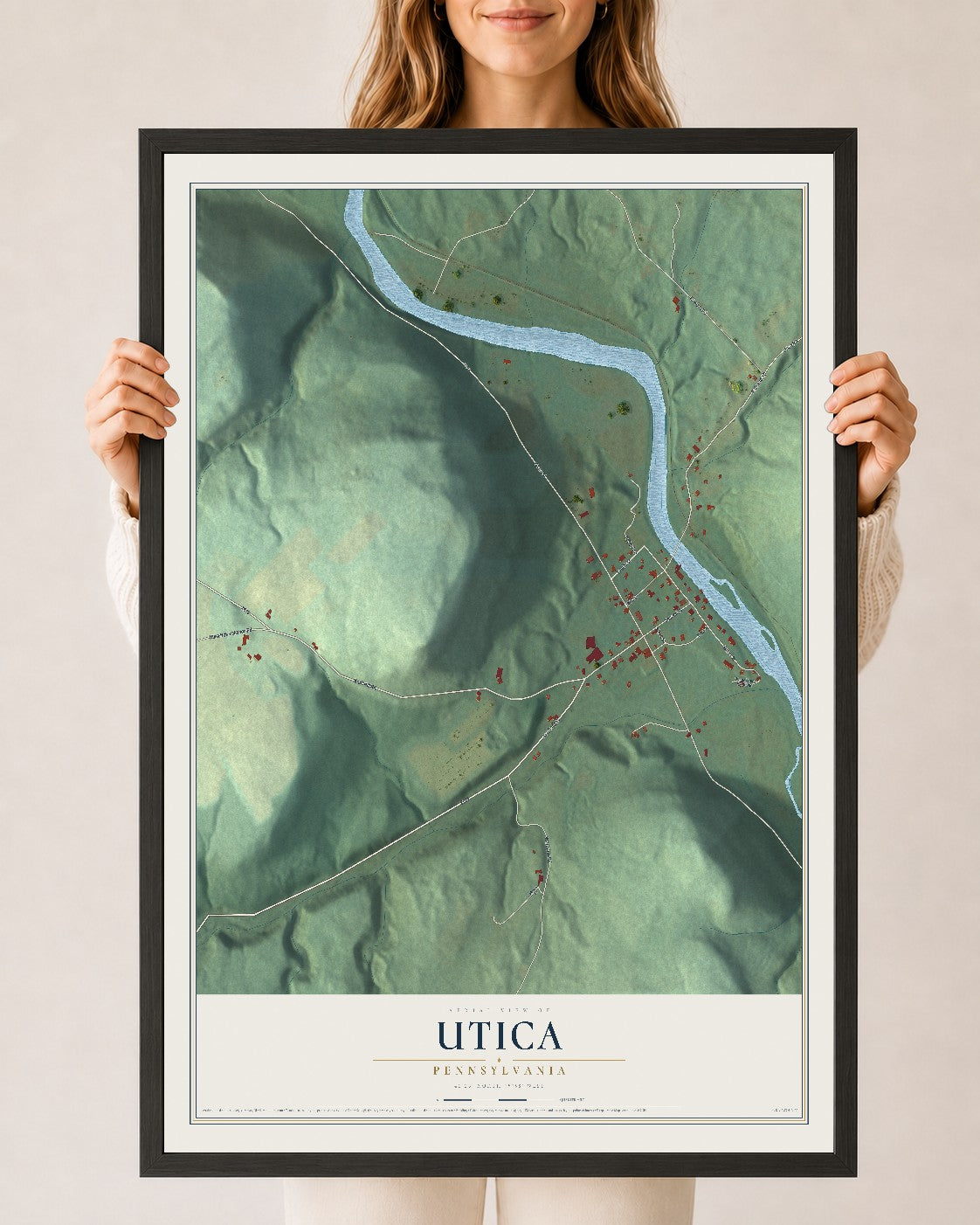 Map of Utica, Pennsylvania, 24 x 36 inch print in a black wood frame