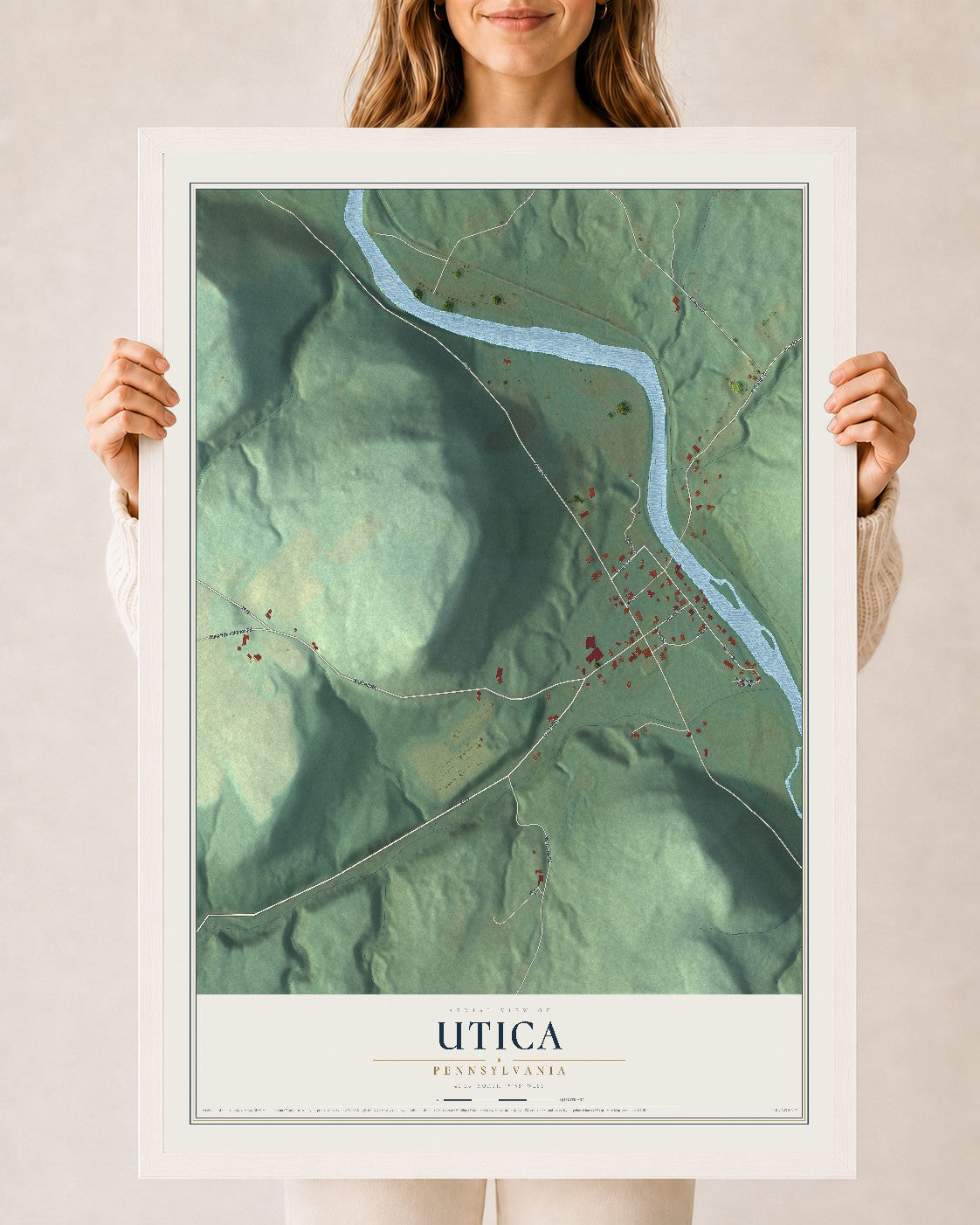 Map of Utica, Pennsylvania, 24 x 36 inch print in a white wood frame