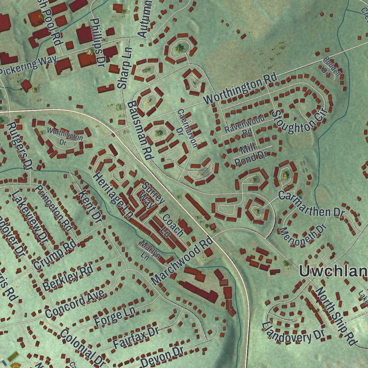 Second close-up of the map of Uwchlan, Pennsylvania print showing more streets and buildings