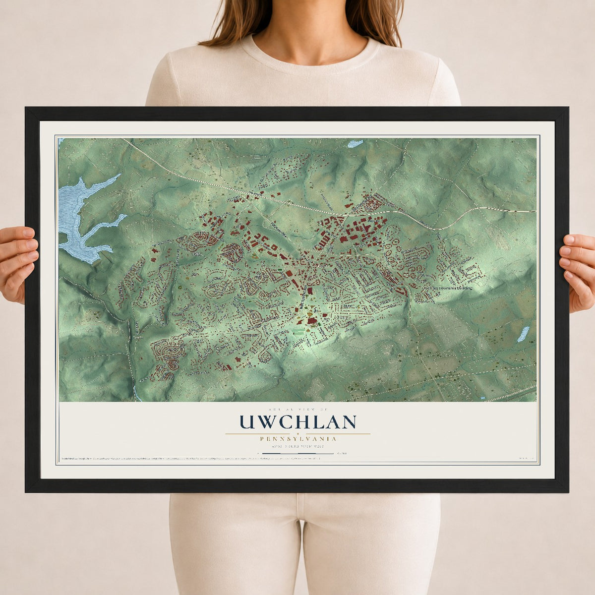 Map of Uwchlan, Pennsylvania, 18 x 24 inch print in a black wood frame